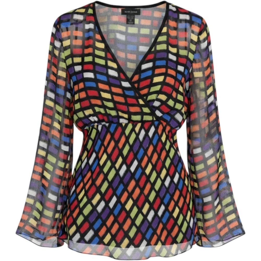Anne Carson Silk Blouse XL Multicolor Geometric Bell Sleeve Empire Waist Retro